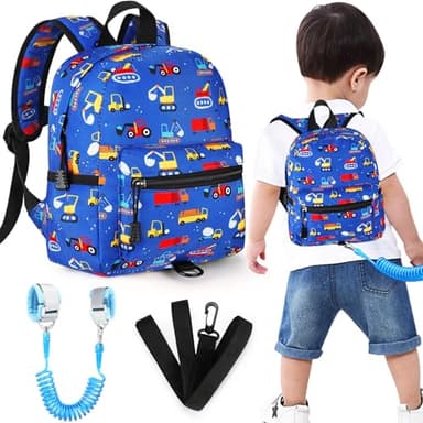 Accmor Toddler Backpack Leash with Anti Lost Wrist Link, Cute Mini Child Walking Harnesses Keep Kids Close Back Pack Rope Tether Rein for Baby Boys (Blue/Excavator) - Image 1