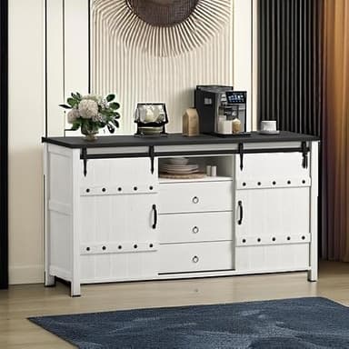 REAHOME Buffet Cabinet with Storage, 60" Sideboard Buffet Cabinet with Sliding Barn Doors & 3 Drawers, Farmhouse Wood Coffee Bar Cabinet Buffet Table for Kitchen, Dining Room,Living Room, White - Image 5