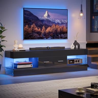 Bestier Black TV Stand for 55/60/65 Inch TV, High Gloss Modern TV Stand with Stone-Patterned Side Panels, LED Entertainment Center with Large Drawer, TV Consoles for Living Room, Bedroom - Image 1