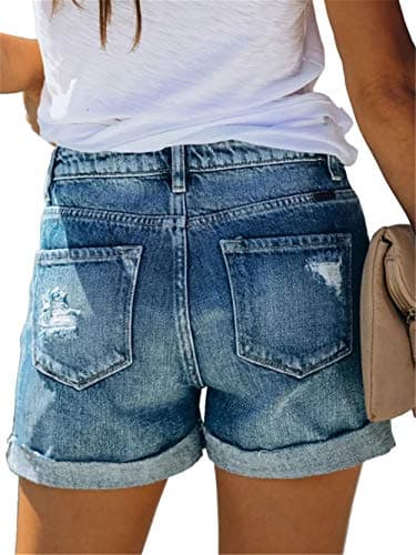Angerella High Wasted Shorts Women Ripped Folded Hem Distressed Button Fly Denim Jean Shorts Blue XL - Image 3