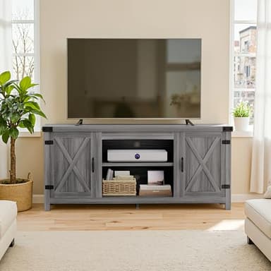 YESHOMY Modern Farmhouse TV Stand with Two Barn Doors and Storage Cabinets for Televisions up to 65+ Inch,Entertainment Center Console Table,Media Furniture for Living Room, Grey - Image 4