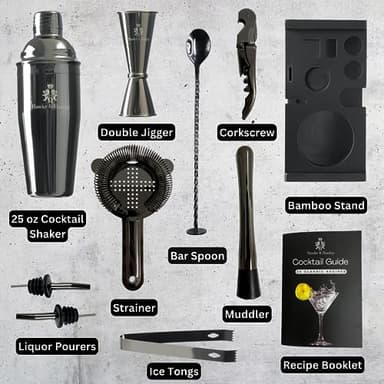 Hawke & Hanley Mixology Bartender Kit: Cocktail Shaker Bar Set with a Martini Shaker, Bar Tools and Black Bamboo Stand | Bartending Kit with Recipe Book | Unique Housewarming Gift (Black) - Image 3
