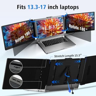 ROYY Laptop Screen Extender Triple Monitor - 14" Portable Monitor FHD 1080P Attachment Extra Screen Compatible with Windows Mac Dex Chrome Travel Work Fits 13-17" Laptops - Image 5