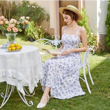 Belle Poque Spaghetti Floral Midi Dress for Women Spring Wedding Guest Dress Cottagecore Dress Blue Floral L - Image 4