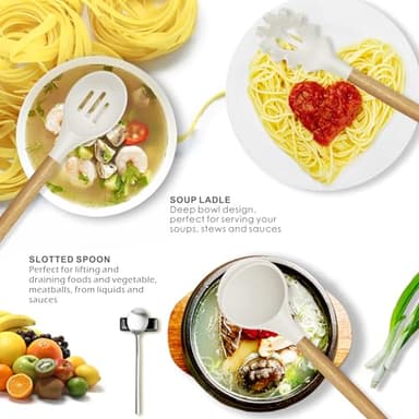 Silicone Cooking Utensils Set - 446°F Heat Resistant Silicone Kitchen Utensils for Cooking,Kitchen Utensil Spatula Set w Wooden Handles and Holder for Non-Stick Cookware, BPA FREE (Cream White) - Image 3