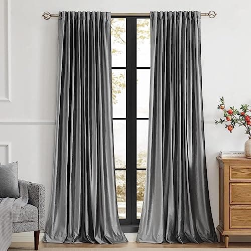 PRIMROSE Dark Grey Velvet Curtains 120 inch Long for Living Room,Set of 2 Panels Blackout Rod Pocket Back Tab Window Treatment Room Darkening Heavy Decorative Curtains Drapes for Bedroom - Image 1