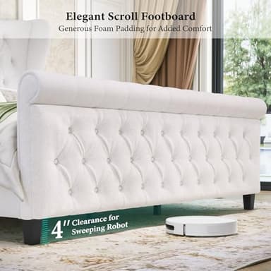 King Size Platform Bed Frame-Upholstered Bed Modern-Sleigh Bed with 51 inch Tall Headboard Footboard-Platform Chenille Bed Luxury-Button Tufted-Sturdy Wood Slats Support-Cream - Image 5