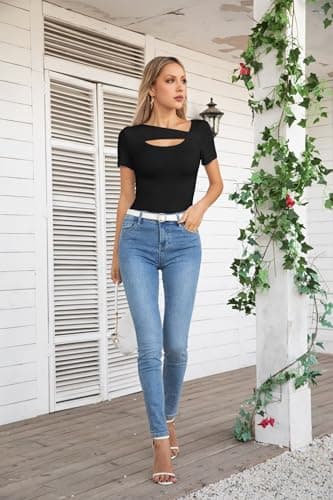 VICHYIE Short Sleeve Shirts for Women Cutout Tops Ribbed Slim Fitted Summer One Piece Square Neck Pullover Tee Cute Tshirts Black M - Image 5