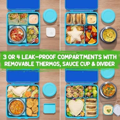 Fimibuke Bento Box for Kids Adult with Thermos, 3-4 Compartment 60OZ Toddler Lunch Box Container with Leakproof 8OZ Insulated Food Jar, Sauce Jar, Utensil for School Boy Girl, BPA-Free Dishwasher Safe - Image 4