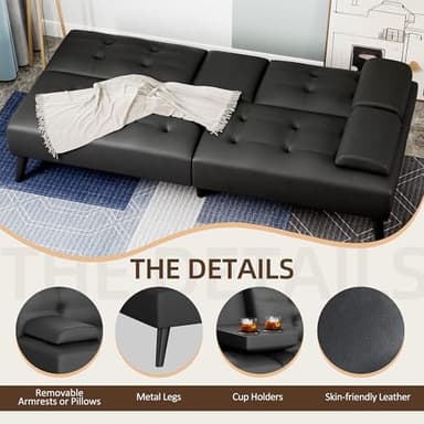 Shintenchi Futon Sofa Bed, Leather Foldable Couch, Reclining Sleeper w/Removable Armrests, Upholstered Loveseat w/Folding Cup Holders for Home, Office, Black - Image 6