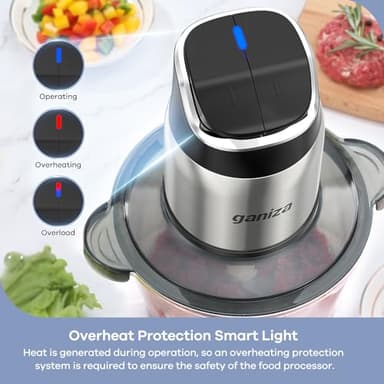 Ganiza Food Processor, 2-Speed Food Chopper Meat Grinder with 8 Cup Stainless Steel & 8 Cup Glass Bowls, Upgraded Button & Smart Overheat Protection Light - Includes Clean Brush, 2 Sets of Blades - Image 2