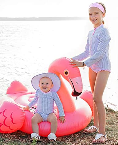 RuffleButts® Baby/Toddler Girls Long Sleeve One Piece Swimsuit - Blue Seersucker with UPF 50+ Sun Protection - 12-18m - Image 2