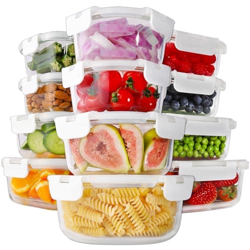 HOMBERKING 24pc Glass Food Storage Containers with Lids, Glass Meal Prep Containers with Leak Proof Snap Lock Lids, Airtight Bento Lunch Boxes, Kitchen Storage (12 lids & 12 Containers) - White - Image 1