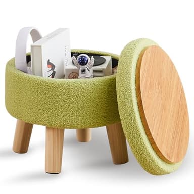 Wimarsbon Storage Ottoman, Modern Round Footrest with Soft Padded Seat, Teddy Velvet Footstool with Wood Legs, Accent Small Table or Plant Stand for Hallway, Living Room (Brilliant Green) - Image 1