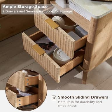 T4TREAM Fluted Nightstand with Charging Station, 18" Modern Side Table with Faux Marble Top, 2 Drawers End Table w/Storage, Bedside Table for Bedroom, Living Room, Curved Profile Design, Natural Oak - Image 6