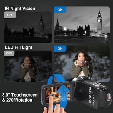 8K Video Camera Camcorder 64MP YouTube Vlogging Cameras IR Night Vision WiFi Webcam Camcorders with 18X Digital Zoom 3.0”Touch Screen Stabilizer, Mic, 64G SD Card, Remote Control and 2 Batteries - Image 6