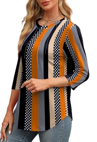 XIEERDUO Tunic Tops for Women Loose Fit Dressy Crewneck Pleated 3/4 Length Sleeve Blouses Business Casual School Outfits for Teachers Striped Summer Beach Vacation Clothes L - Image 3