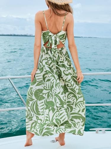 CUPSHE Women's Maxi Dresses V Neck Beach Paisley Sleeveless Cutout Formal Spaghetti Straps Casual Long Summer Dress Green Paisley, L - Image 3