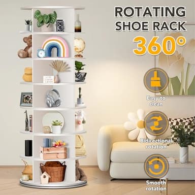 RUNSUNSPRI 7 Tier Rotating Shoe Rack, 360° Revolving Free Standing Shoe Organizer, Multifunctional Storage Revolving Shoe Rack Tower, Spinning Shoe Display Lazy Susan (White) - Image 4