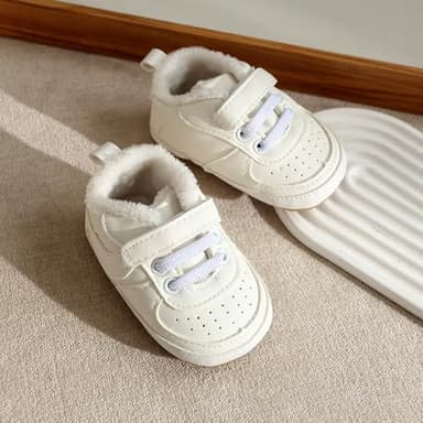 Clowora Unsex Baby Shoes Boys Girls Infant Sneakers Non-Slip Soft Rubber Sole Toddler Crib First Walker Lightweight Shoes (A02/White with Fleece,6-12 Months) - Image 2