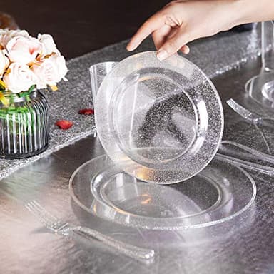 I00000 144Pcs Silver Glitter Dessert Plates Set, Includes 72Pcs Plastic Dessert Plates 7.5",72Pcs Silver Forks 7.4", Plastic Salad Plates for Thanksgiving - Image 4