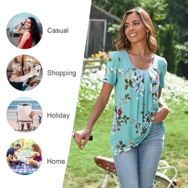 Anymeet Shirts for Women Spring Tunic Tops Short Sleeve Casual Tee Hide Belly Blouse for Leggings Navy Flowers Large - Image 4