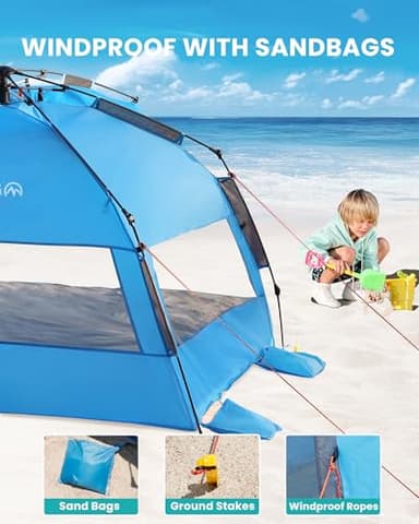 OutdoorMaster Pop Up Beach Tent for 4 Person - Easy Setup and Portable Beach Shade Sun Shelter Canopy with UPF 50+ UV Protection Removable Skylight Family Size - Blue - Image 7
