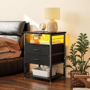 AODK Night Stand with Charging Station, End Table for Bedroom Tall Nightstand with Drawers, Small Nightstand for Bedroom, 4 Tier Storage Bedside Table, Black - Image 3