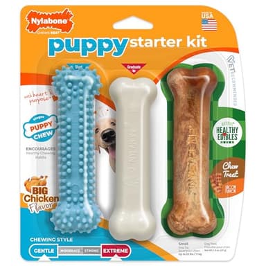 Nylabone New Puppy Starter Kit, Chew Toys & Natural Chew Treat for Puppies, Puppy Enrichment Teething Toys, Blue, Long Lasting Chicken & Bacon Flavor, Small Dogs - Up to 25 Ibs, 3 Pack - Image 9