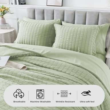 HYLEORY Queen Size Seersucker Comforter Set - 5 Pieces Reversible Comforters Bedding Sets, All Season Bed in a Bag with Comforter, Sheets, Pillowcases & Shams Sage Green - Image 4