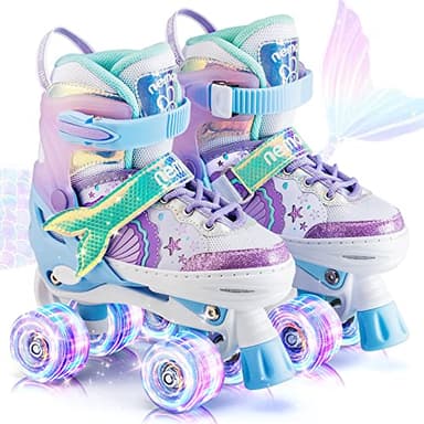 NEMONE Mermaid 4 Size Adjustable Light up Roller Skates for Girls, Blue Purple Skates for Toddlers, Beginner Kids Roller Skates Indoor Outdoor (Blue S) - Image 1