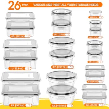 52 PCS Food Storage Containers with Lids Airtight (26 Lids & 26 Containers)- Reusable Plastic Leakproof Meal-Prep Container for Kitchen Storage Organization Microwave/Dishwasher Safe with Labels & Pen - Image 2