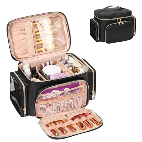 Bagmoly Large Makeup Bag, Portable Travel Makeup Bag Organizer for Women Girls with Makeup Brush Compartment & Two Side Pockets, Cosmetic Travel Bag Vertical Storage Toiletry Bag - Black - Image 1