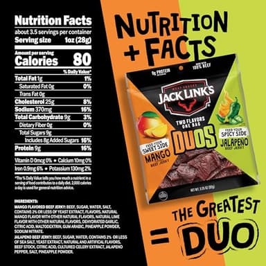 Jack Link's DUOs Jalapeño and Mango Beef Jerky, Shareable Under 100 Calories Snack Packs with 9g of Protein, Bulk Pack of Individual Bags of Meat Snacks – 3.25oz (8 Count) - Image 2