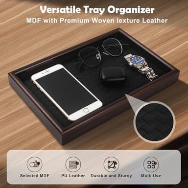 Zosenley Wooden Valet Tray with Leather Base - Nightstand Catchall Organizer for Cologne, Perfume, Keys, Wallet, Phone, Watch, Jewelry & Sunglasses (Black - Image 4
