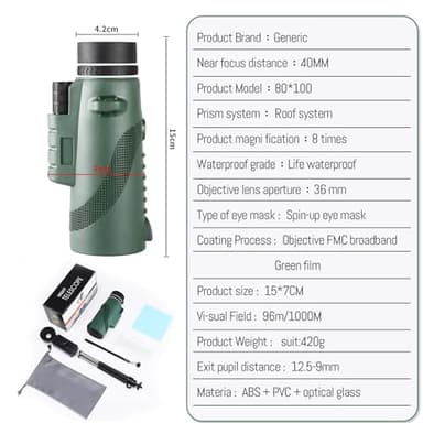 80x100 High Power Monocular Telescope, HD BAK4 Prism with Phone Adapter & Tripod, 80x Magnification for Adults, Compact Spotting Scope for Bird Watching, Hunting, Hiking, Concerts（Green - Image 4