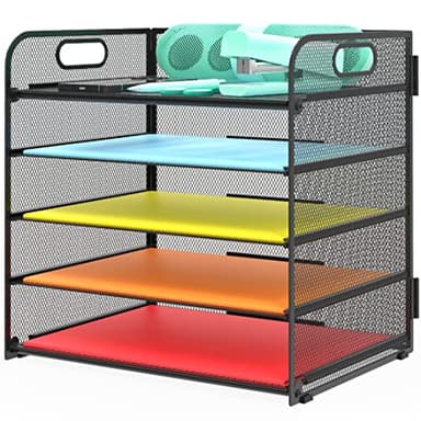 Letter Tray Paper Organizer 5-Tier Desk Organizer File Organizer Paper Holder with Handle, Metal Desktop Document Shelf Tray Office Classroom Organization - Black - Image 1