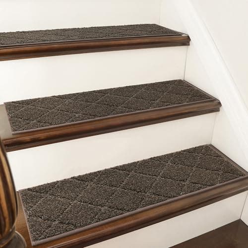 COSY HOMEER Edging Stair Treads Non-Slip Carpet Mat 28inX9in Indoor Stair Runners for Wooden Steps, Edging Stair Rugs for Kids and Dogs, 100% Polyester TPE Backing (15pc, Brown) - Image 1
