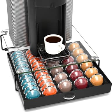 DecoBrothers Crystal Tempered Glass Vertuo Pod Holder Drawer, 30 Large or 60 Small Nespresso Capsule Organizer, Black - Image 1