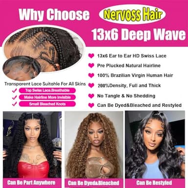 Nervoss 36Inch Deep Wave Lace Front Wigs Human Hair 200% Density 13x6 HD Transparent Deep Curly Lace Front Wigs for Women Pre Plcked Glueless Wigs with Baby Hair - Image 6