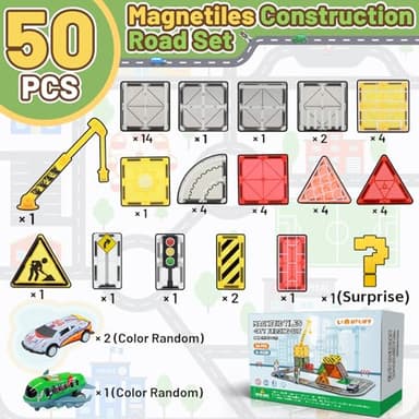 LionFuny Magnetic Tiles, Magnetic Blocks Road Tiles Set, Magnets Construction Toys for Kids Ages 3-5 4-8 8-12, Toddlers STEM Preschool Toy Boys Girls Toys with Crane Airplane Car - Image 6