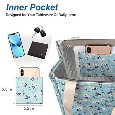 iknoe Insulated Lunch Bag for Women, 9L Durable Wide-Open Foldable & Portable Lunch Tote with Interior Pockets, Water-resistant Thermal Lunch Cooler for Adults (Floral) - Image 3