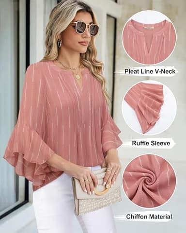 Timeson Work Blouses for Women Office: Business Attire - 3/4 Length Sleeve Womens Tops - Ladies Dress Shirts Chiffon Collared Trendy Fall Outfits 2025 Dressy Professional Formal Clothes M - Image 4