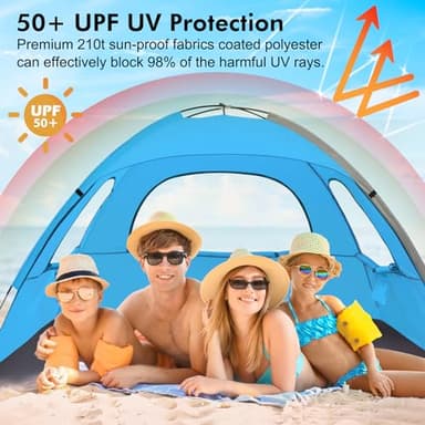 WhiteFang Beach Tent Anti-UV Portable Sun Shade Shelter for 4 Person, Extendable Floor with 3 Ventilating Mesh Windows Plus Carrying Bag, Stakes and Guy Lines (Blue) - Image 3