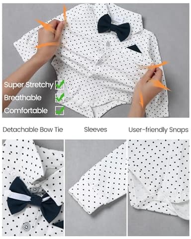YALLET Baby Boy Clothes Suit, Infant Gentleman Outfits Dress Shirt+Bowtie+Beret Hat+Detachable Suspender Pants（Dots, 3-6 Months） - Image 2