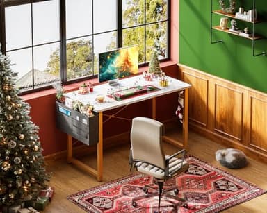 ODK Computer Desk, 40 Inch Small Study Desk, Office Desk with Storage, Work Table with Headphone Hook for Small Space Home Office, White Marble + Gold Leg - Image 2