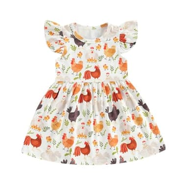 Farm Baby Clothes Animals Rooster Hen Print Fly Sleeve Baby Dress Summer Clothes 6 12 18 24Months 2T 3T 4T 5T 6T (US, Age, 4 Years, 5 Years, Chicken A) - Image 1