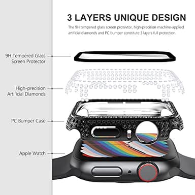 Surace Compatible with Apple Watch Case 38mm with Screen Protector for Apple Watch Series 6/5/4/3/2/1, Bling Case 300 Crystal Diamond Tempered Glass Protective Cover for 38mm 40mm 42mm 44mm, Black - Image 5