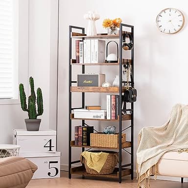 HCHQHS Adjustable 6 Tier Open Bookcase, Rustic Farmhouse Book Shelves, Industrial Wood and Black Metal Bookshelves, Mid Century Bookcase for Home Office Living Room Bedroom - Image 6