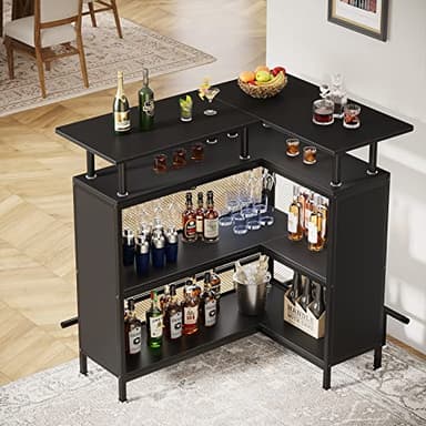 Tribesigns Home Bar Unit, L-Shaped Bar Table with Stemware Racks and 2-Tier Shelves, Corner Mini Coffee Liquor Cabinet with Footrest for Home/Kitchen/Pub, Black - Image 5